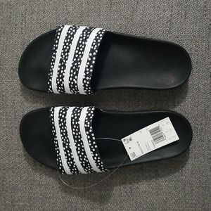 Adidas Adilette Women's Slides, Size 10, Black and White Polka Dot (New)